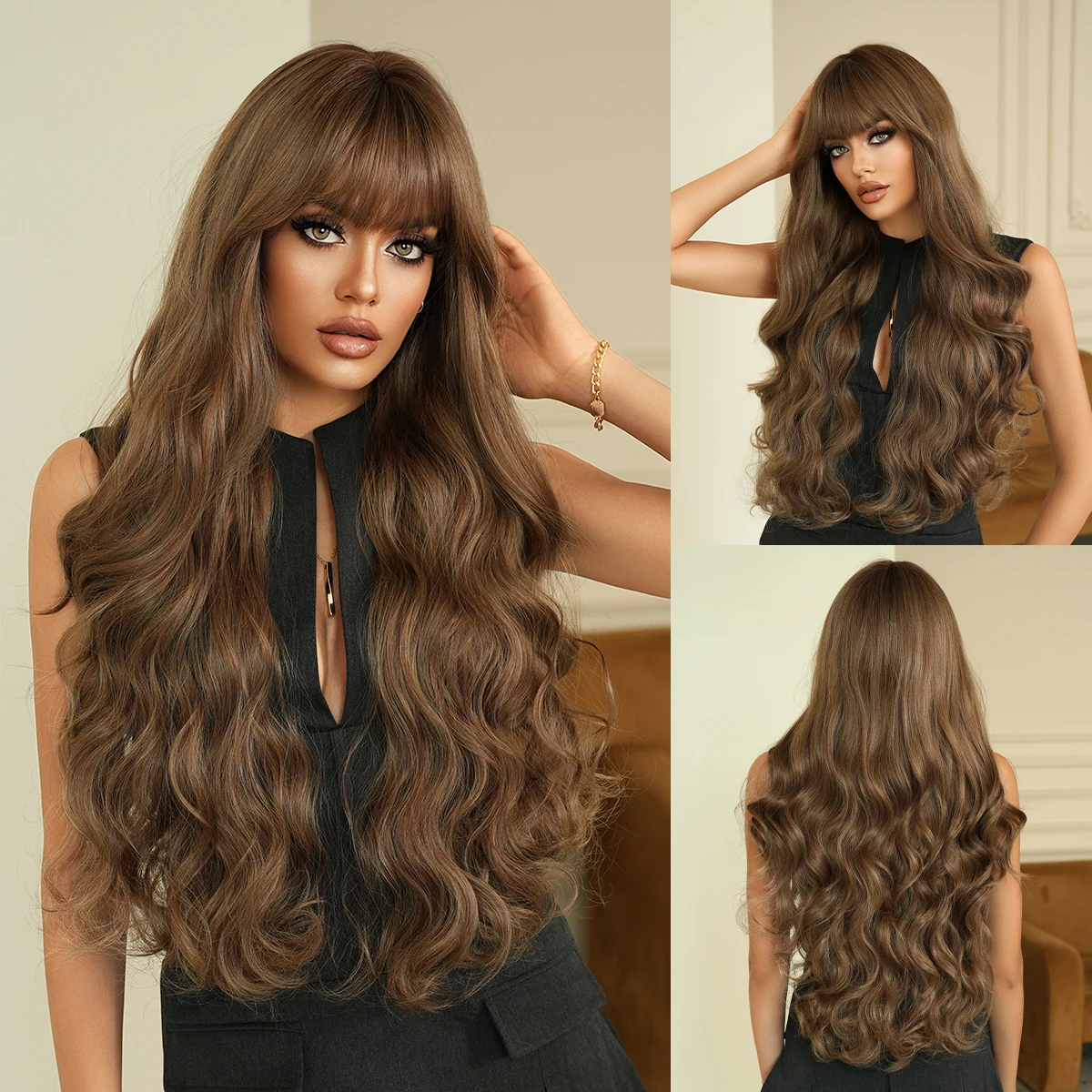 

NAMM Loose Long Wave Browwn Wigs for Women 30inch Middle Part Curly Wavy Wig, Synthetic Heat Resistant Fiber Wig