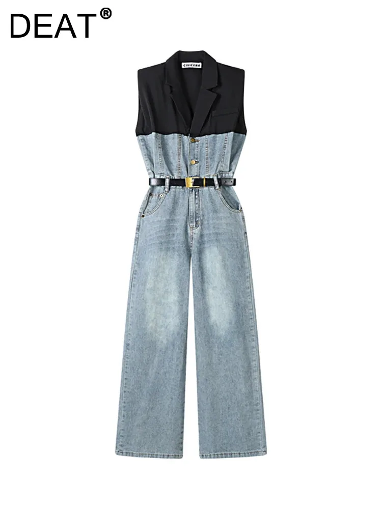 

DEAT Women's Jumpsuit Notched Collar Patchwork Denim High Waist Sleeveless Vintage Playsuit 2024 Summer New Fashion 29L7931