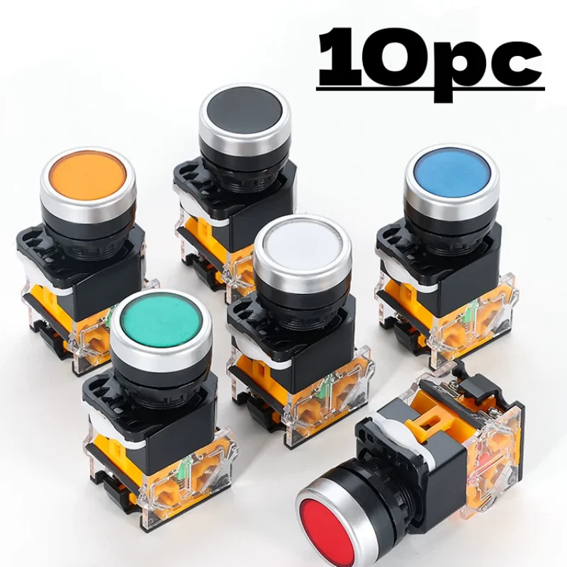 10PC LA38 22mm Flat Head Momentary Pushbutton Switch 1NO 1NC - 10 Pieces Set for Electronic Projects