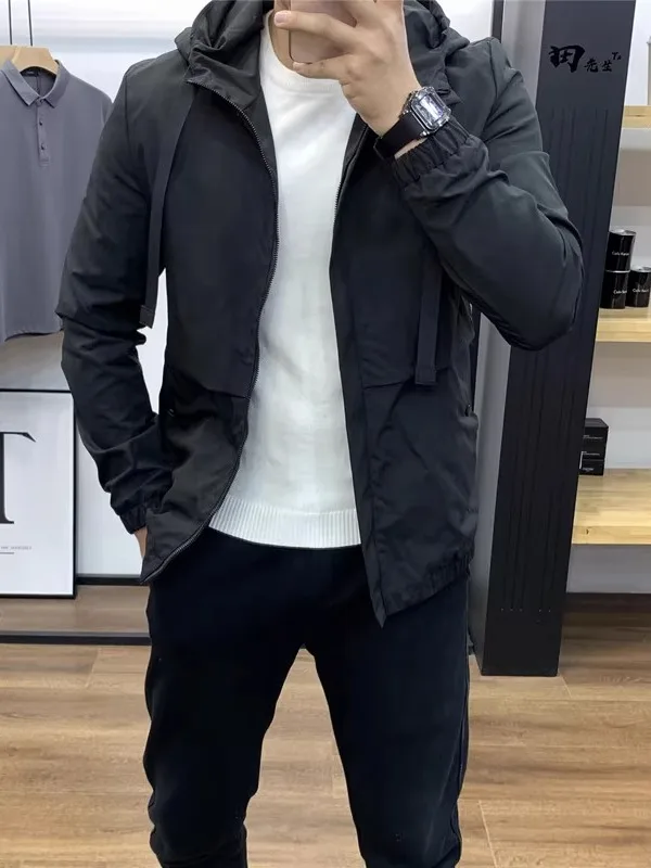 

Casual Hooded Jaet for Teenage Boys Trendy Korean Sle Slim Fit Workwear Outerwear Polyester Fabric Zipper Closure Long Sl...