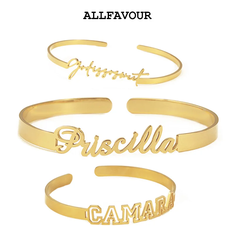 

Classic Personalized Custom Letter Name Bangles For Women Men Gold Color Stainless Steel Hollow Bracelet Birthday Jewelry Gifts