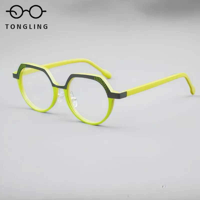 

2025 New Fashionable Alloy Designer Women Retro High-Quality Acetate Men Handcrafted Colorful Spliced Oval Unique Glasses Frames