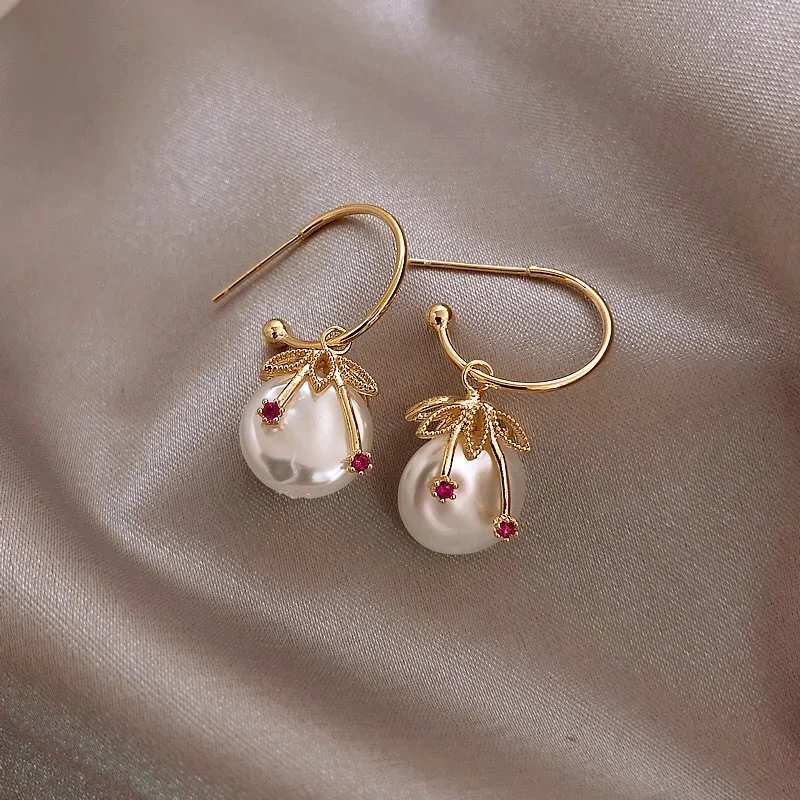 Fashion Delicate Peral Red Color Flower Gold Leaf Pearl Dangle Earrings For Women Party Wedding Gifts Custom Jewelry