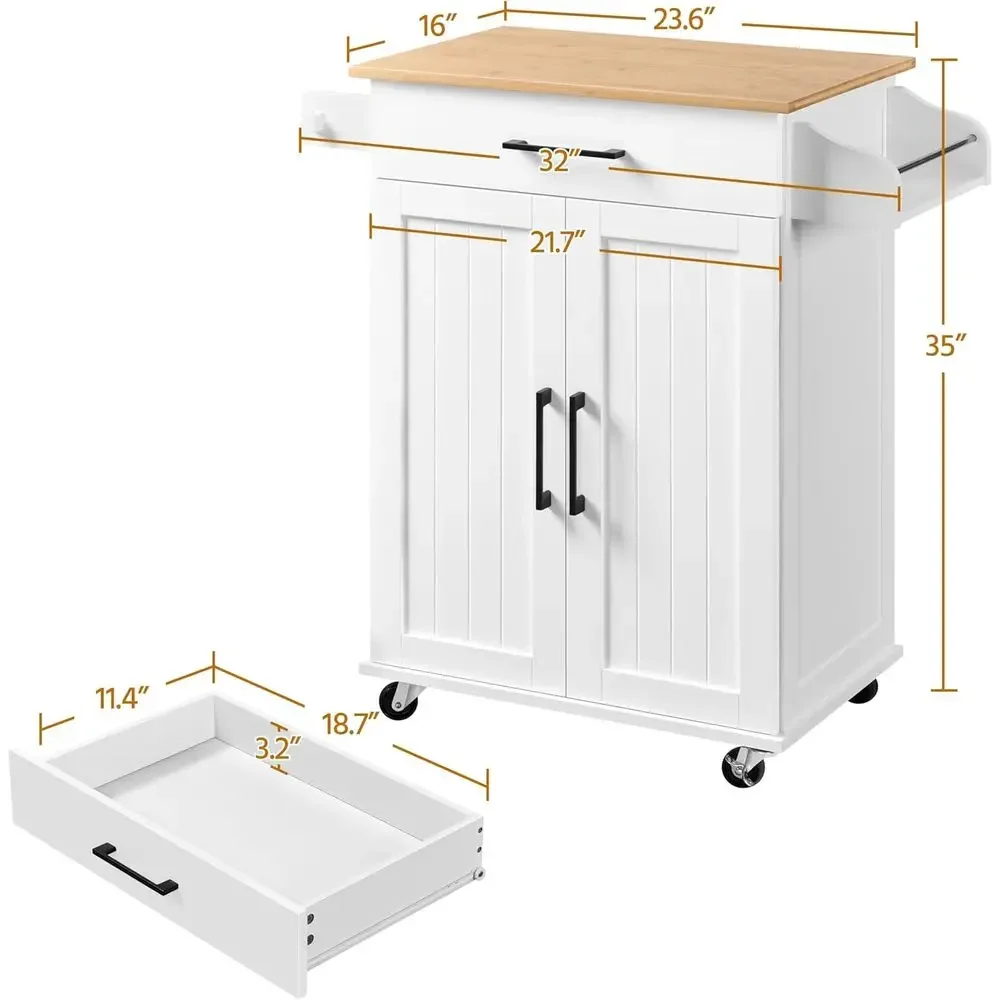 White Rolling Kitchen Cart with Storage Rack and Cabinet, Mobile Island for Microwave and Coffee Station view 3