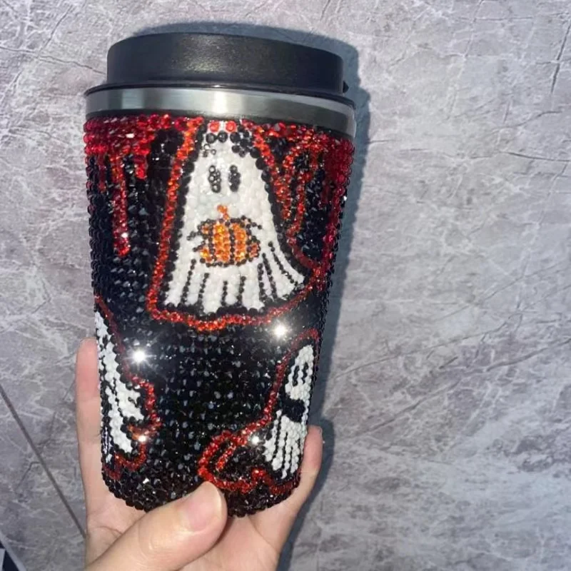 380ml Black Coffee Cup with Glitter DIY Hand-Set Rhinestones Cute White Ghost Theme Glittering Diamond Accents Photo Props