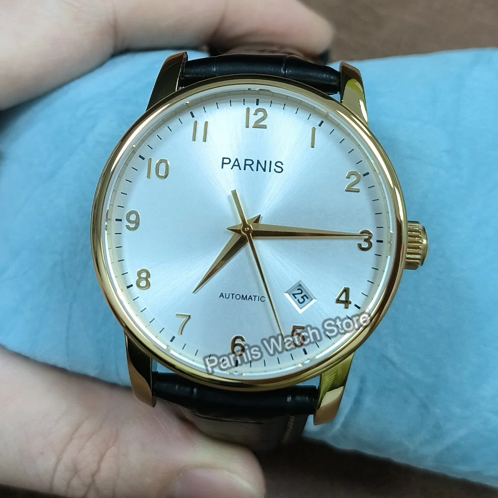 Parnis 38mm Miyota8215 mostrador branco automático marcas de ouro cor relógio casual masculino indicador de data de vidro safira