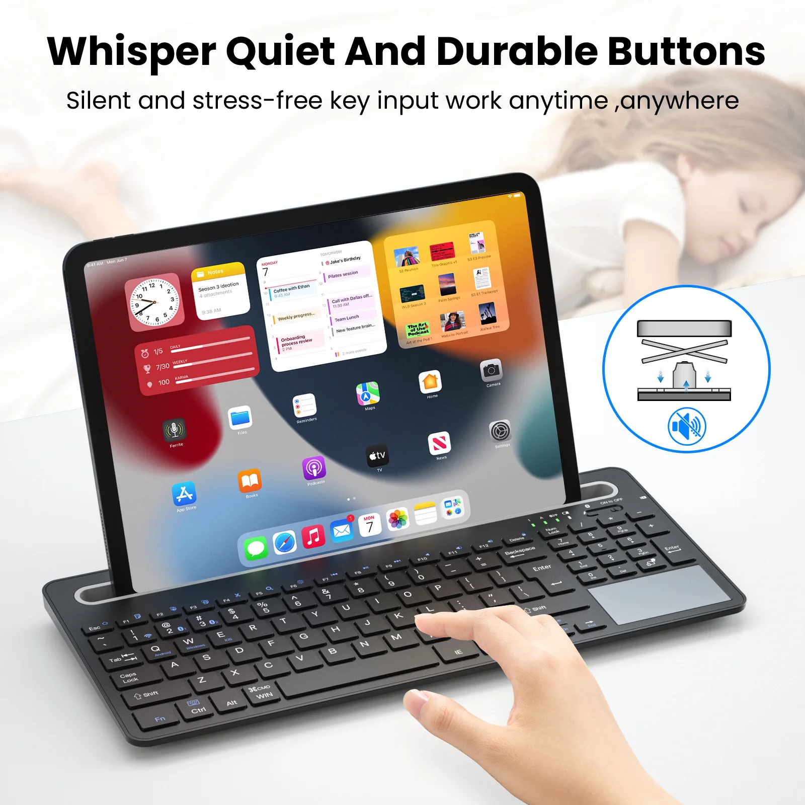 Teclado sem fio 2.4G com touchpad, adequado para tablet ipad Android Huawei Suporte de três modos, slot para cartão grande, Bluetooth