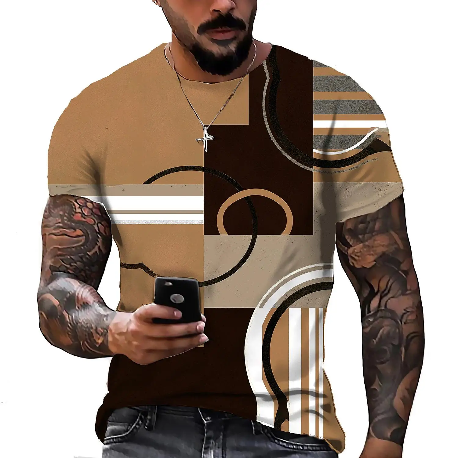 3D Tshirts For Men Vintage Brown Geometry T-Shirt Casual Printed Short-Sleeved Loose Oversized Streetwear T-shirt Tops Tees