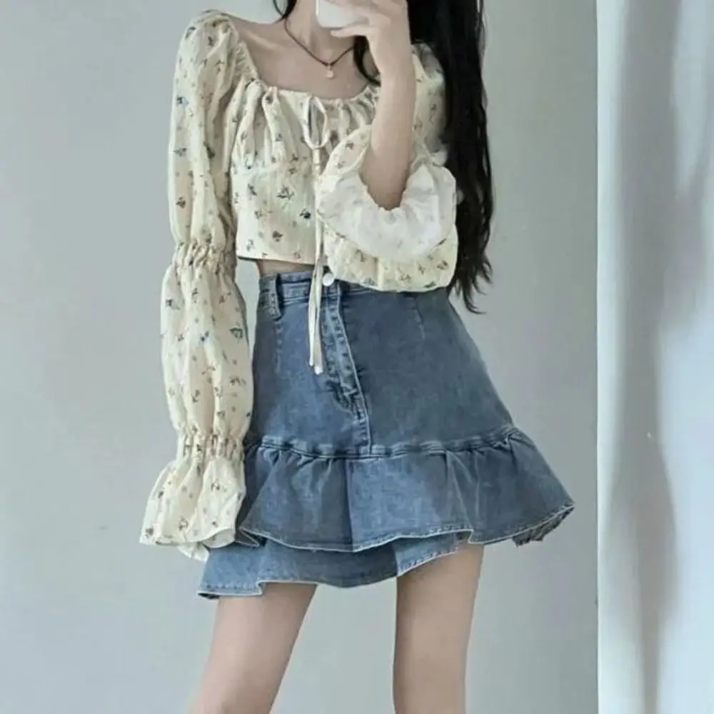 

Fashion High Waist Mini Skirt A-Line Irregular Ruffled Short Skirt Slim Fit Jean Skirt Summer