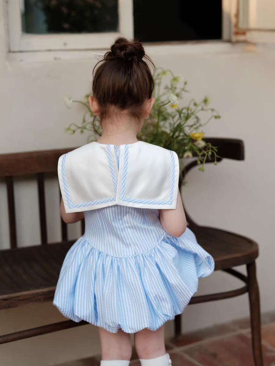 2026 New Summer Navy Style Toddler Girl Blue Striped Bloom Dress with Matching Shorts