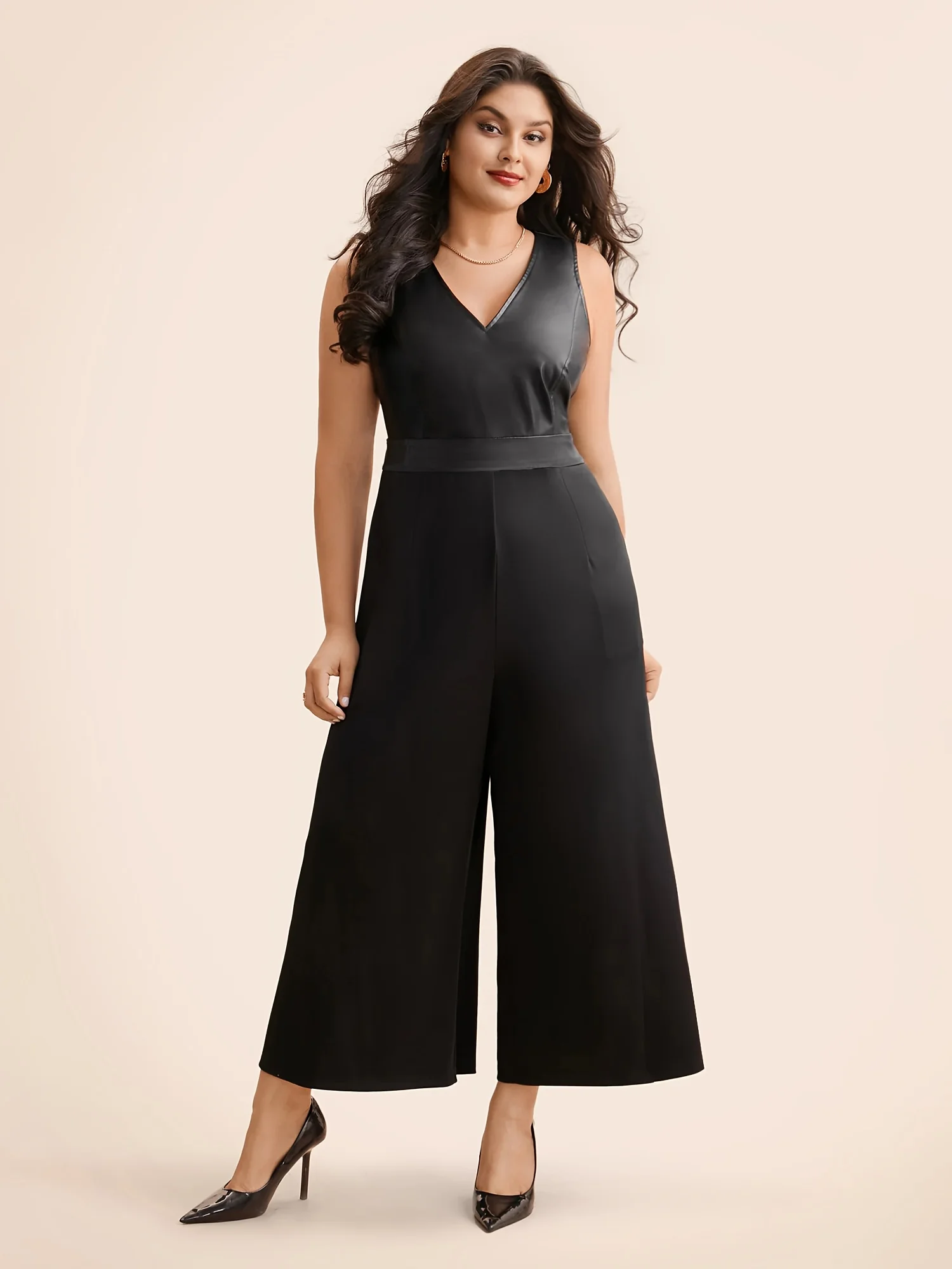 

Oversized women's V-neck PU leather patchwork jumpsuit pants