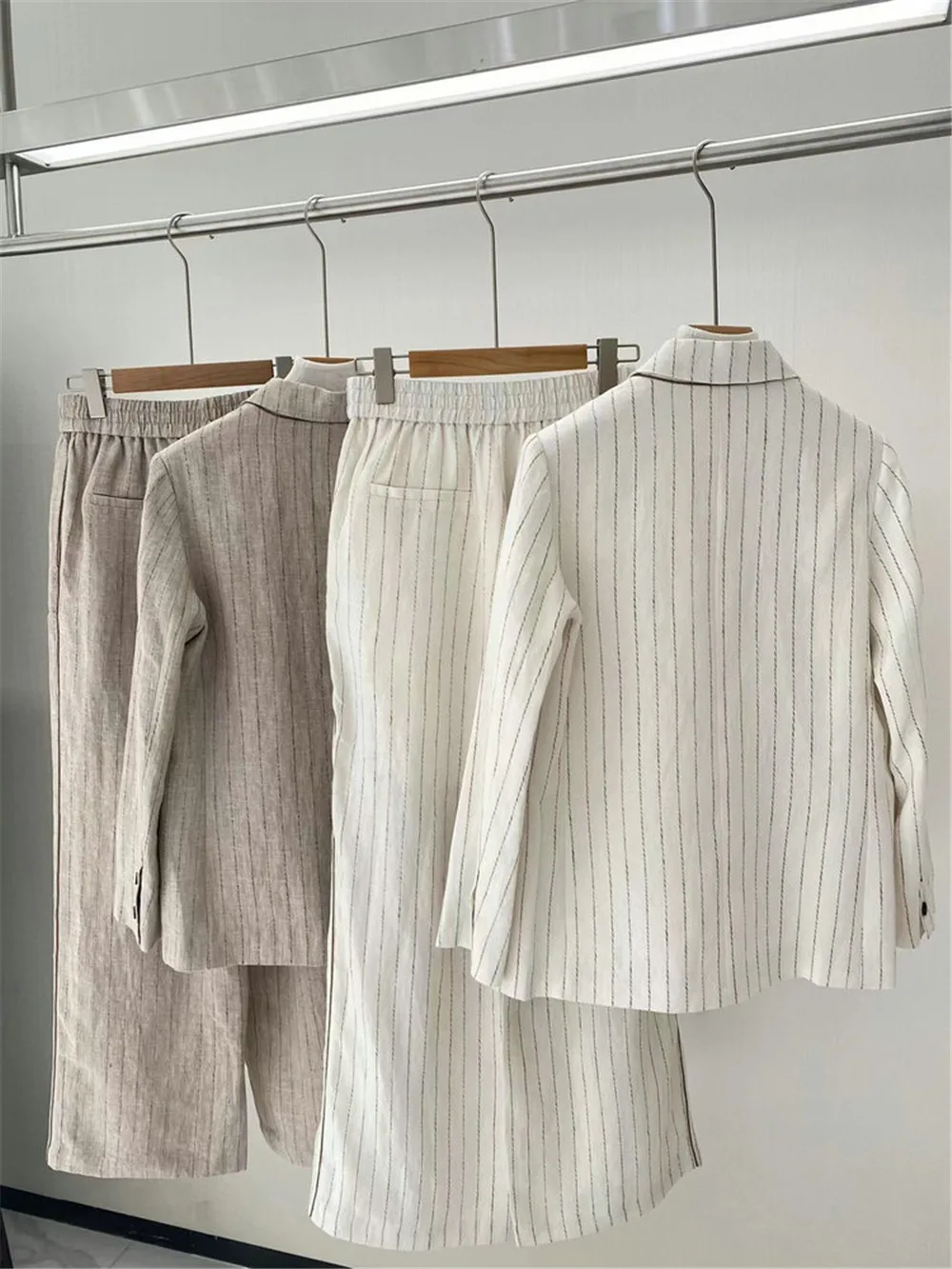 New B*C Striped Linen Jacket Casual Straight Pants Suit for Women