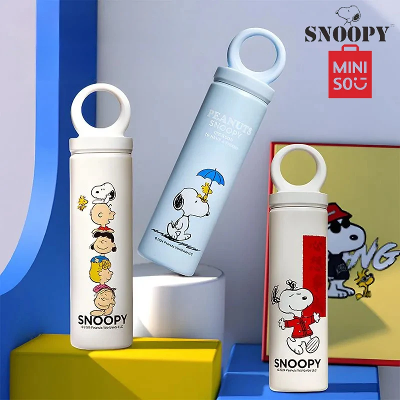 MINISO SNOOPY 520ML Thermos Cups Stainless Steel With Handle Vacuum Flasks Cups Cartoon Cute Portable Direct Drinking Bottles