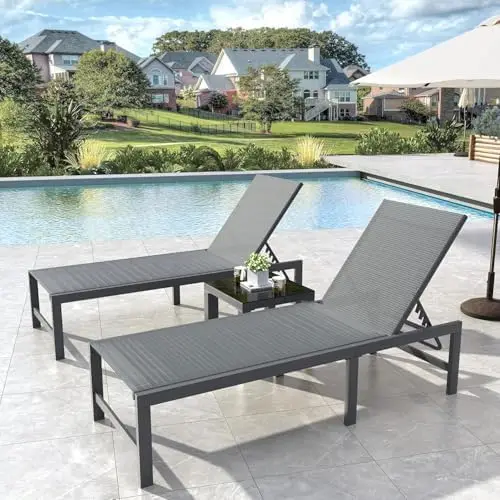 Outdoor Chaise Chairs & Table 3 Pieces Pool Lounge Chair, Adjustable Poolside Sunloungers Lay Flat Sunbathing Chaise