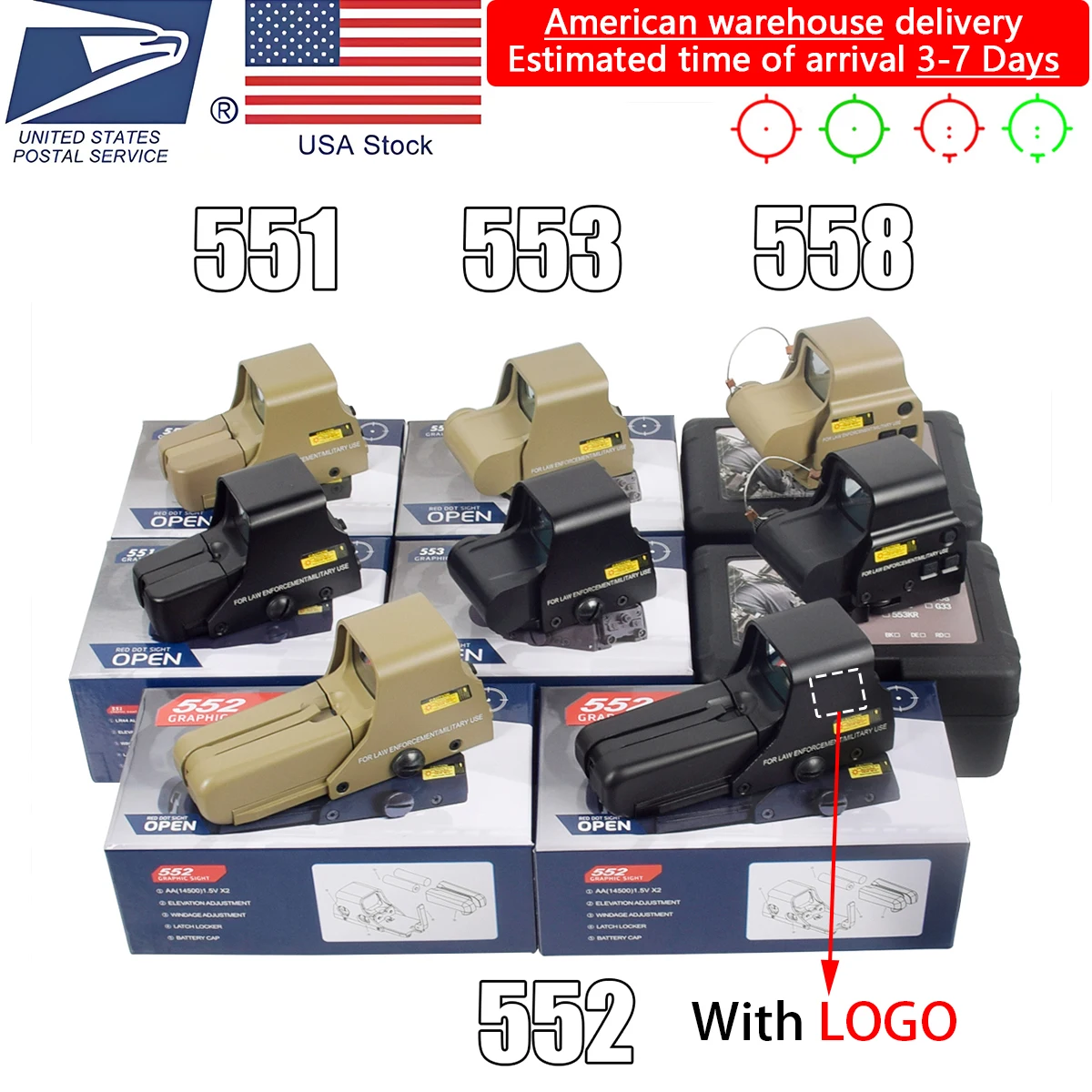 

US Warehouse 551 552 553 558 Riflescope Green Red Dot Sight Holographic Reflex Optics Rifle Scope For 20mm Rail AK47 Taurus AR15