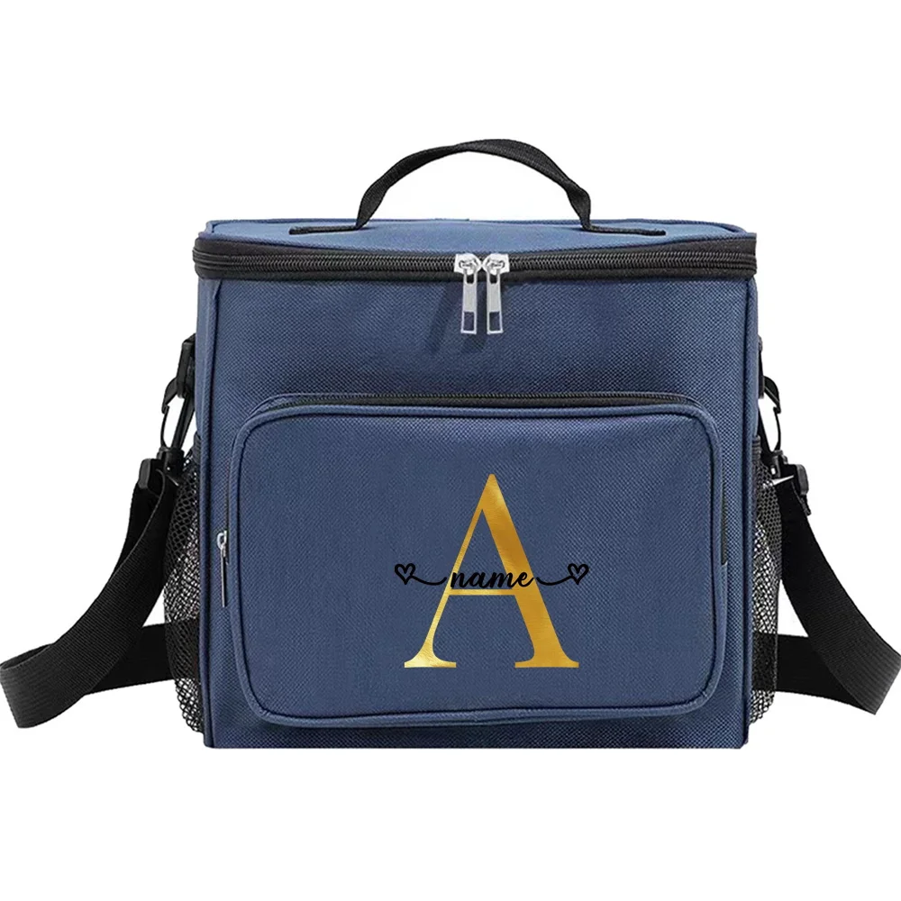 Customizable Name Blue Lunch Bag Insulated Handbag Multi functional Picnic Lunch Box Waterproof Lunch Box Gold Letter Series