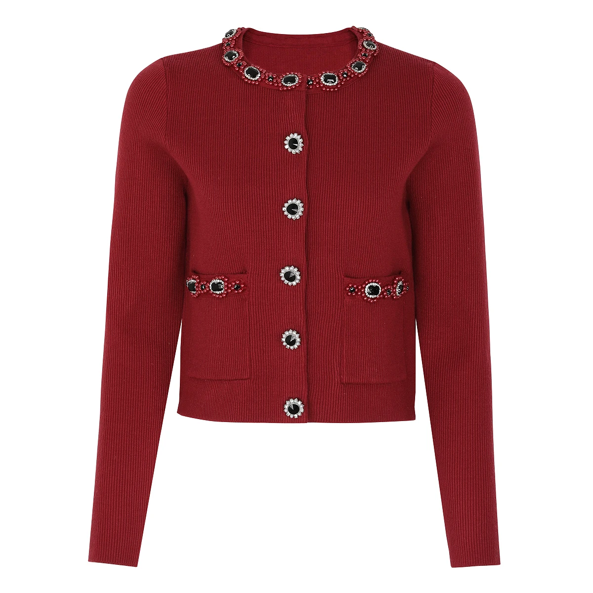 

High Quality Spring And Autumn New Fashion Commuting Style Gemstone Nail Bead Knitted Material Long Sleeved Women's Top Jacket