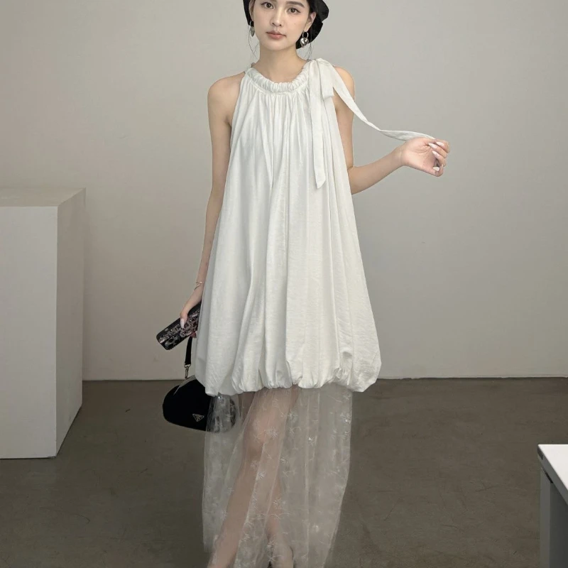 French Design Sleeveless White Temperament Summer Hanging Neck Mesh Stitching Women's Lantern Dress
