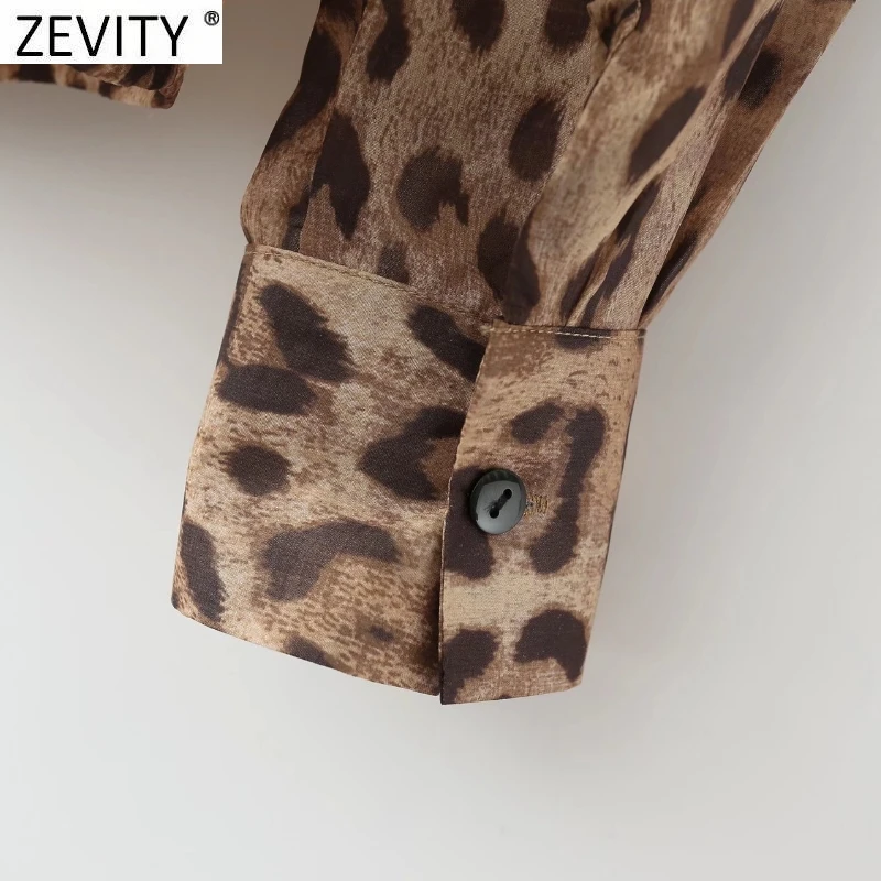 Zevity Blus Sifon Motif Macan Tutul untuk Wanita, Kemeja Kantor Lengan Panjang Kancing Bergaya Jalanan LS9949 untuk Wanita