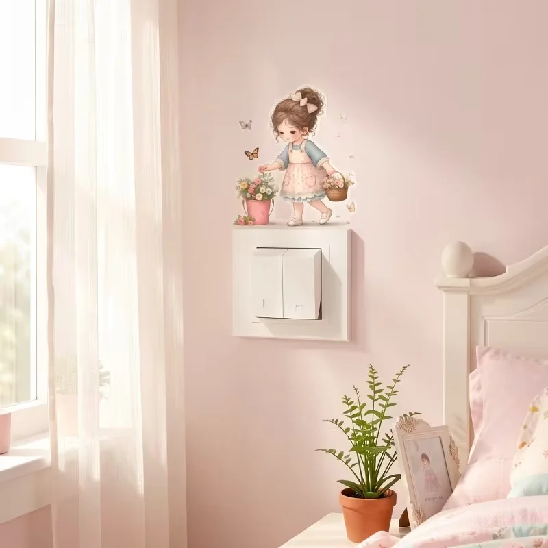 1 delicate little girl flower picking switch sticker - bathroom living room decoration wall sticker - removable, easy to clean