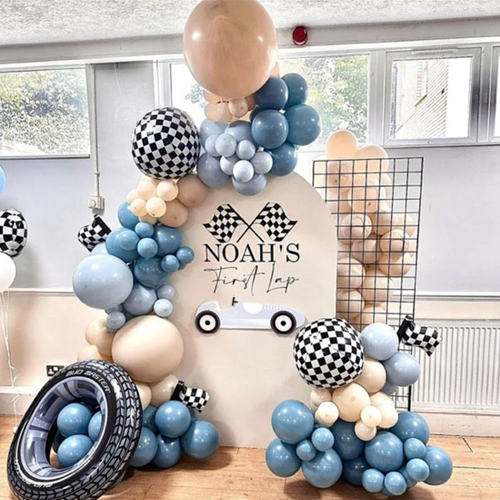 

128pcs Race Car Theme Balloons Garland Arch Kit Checker Tyre Blue White Latex Balloons for Boy Birthday Party Baby Shower Decor