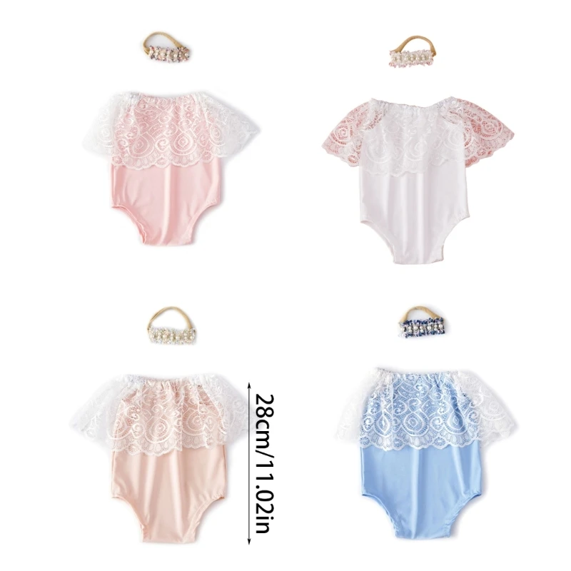 Newborn Girls Photography Clothing Set Infants Romper Bodysuit & Headwear Shower Gift Photos Props for 2-6 Months Baby