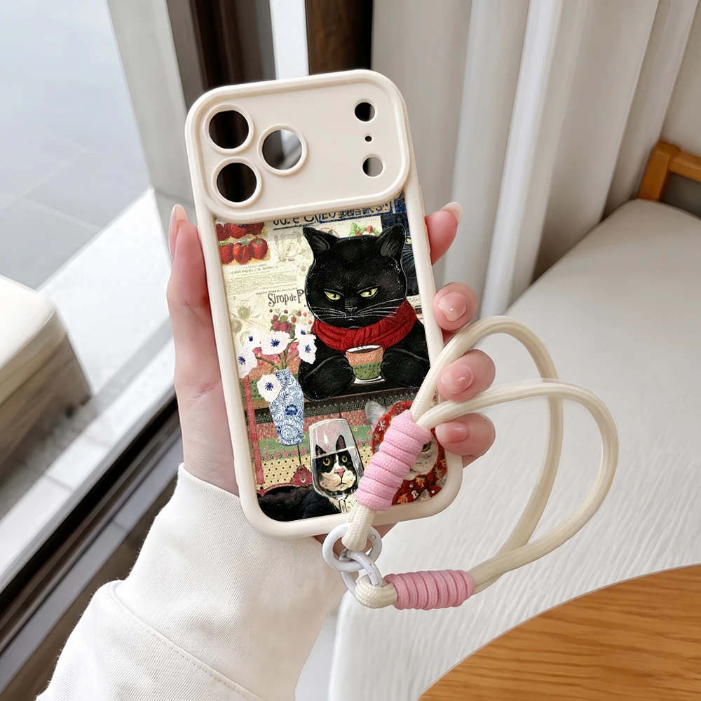 Retro Art Black Cat Phone Case For Samsung Galaxy S26 Ultra S25 S24 S23 S22 Plus FE A16 A17 A15 4G 5G A55 A56 With Lanyard Cover