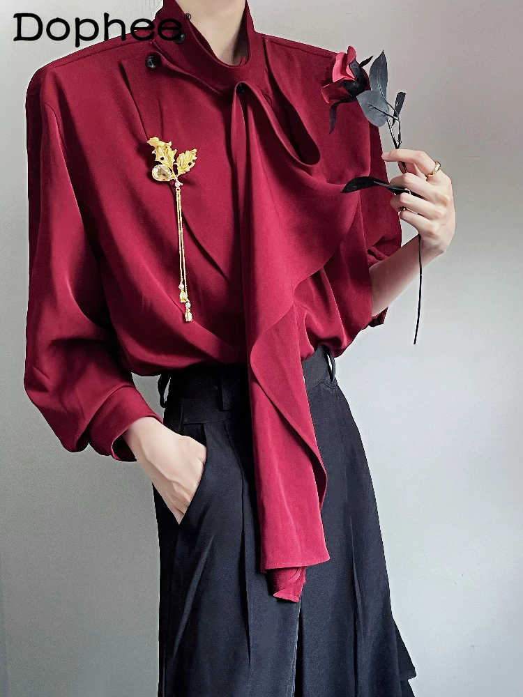 

Men's 2026 Spring New Fashion High-end Ribbon Scarf Collar Shirts Comfort Solid Color Shirts Male Simple Unique Breathable Tops