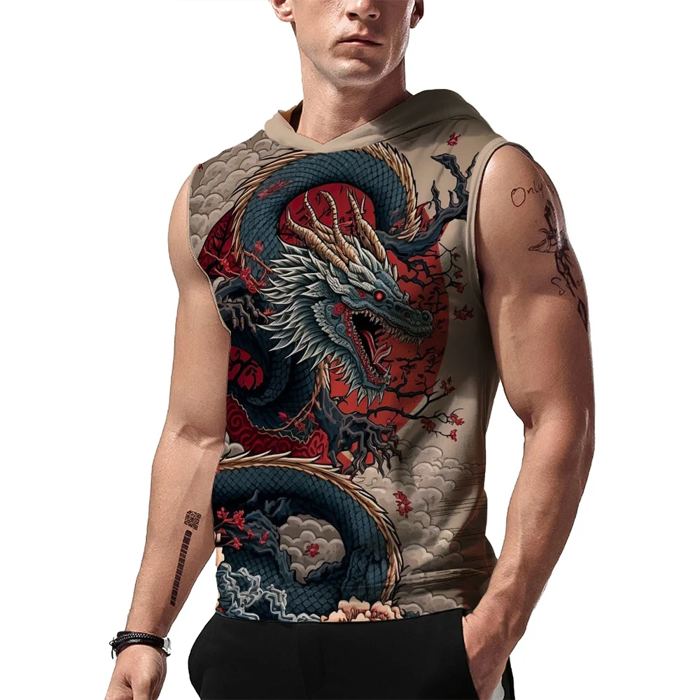 

Men's hooded sleeveless top 3D printed dragon print auspicious clouds Fashion summer sports breathable quick drying sports vest