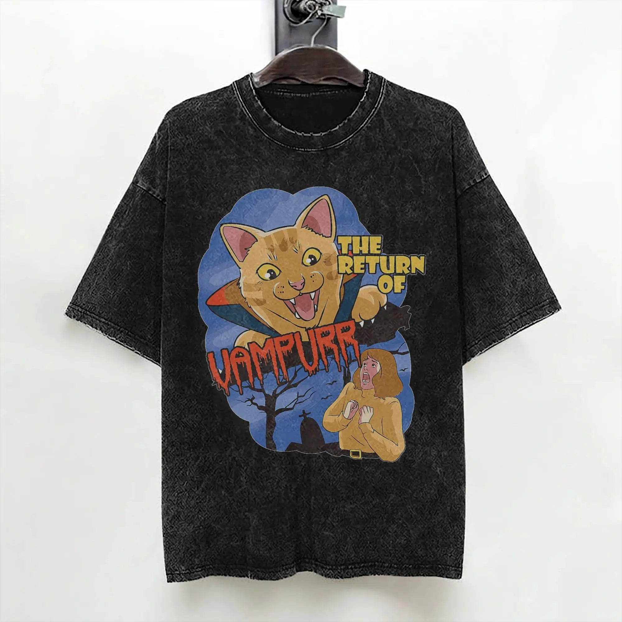 The Return of Vampurr  T Shirt Washed Cotton Oversize T-Shirt Horror Vampire Cat Novelty for Men Women Streetwear Summer Tees