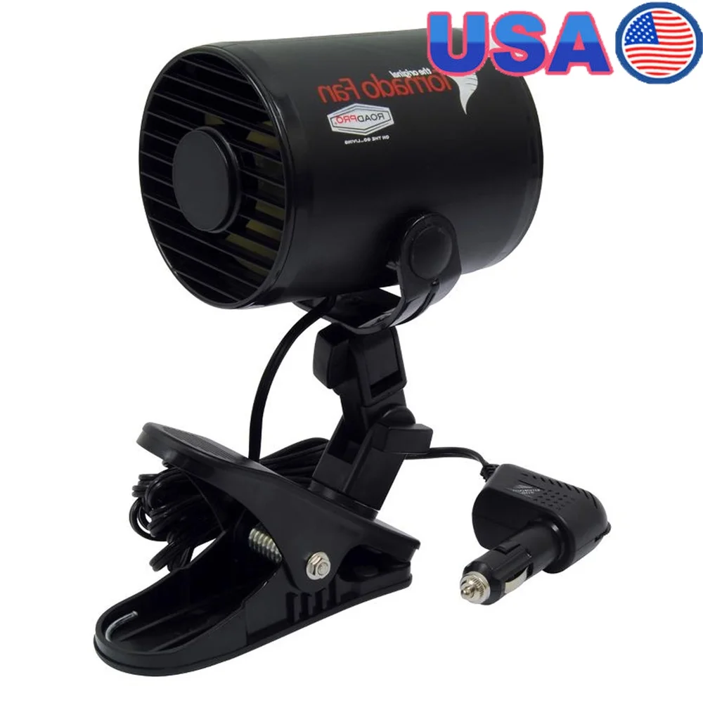 

12V Car Fan Variable Speed Adjustable Mounting Clip Swivel Base Plug In Cooling Airflow Vehicle Travel