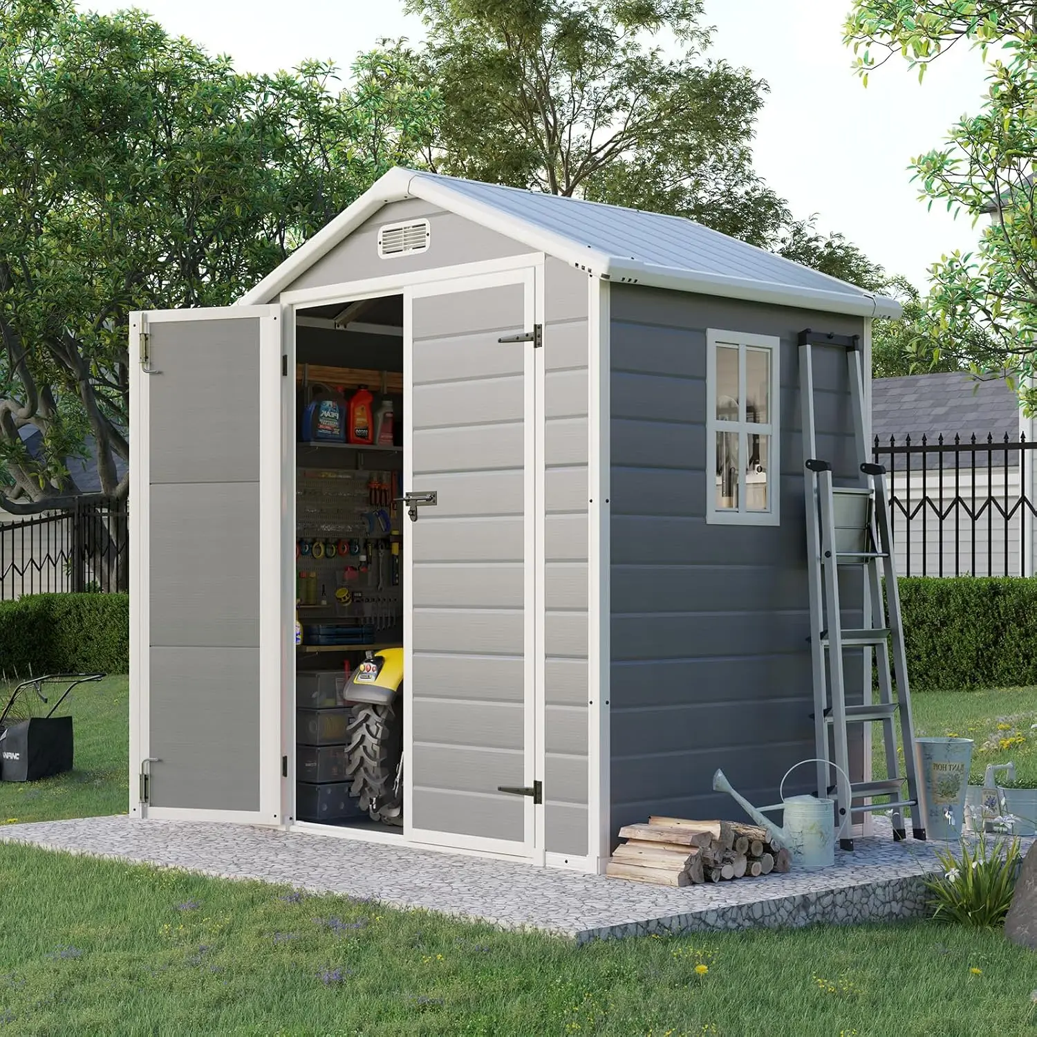 5.5 X 4.4 Ft Resin Storage Shed With Floor, Tool Shed Outdoor Storage With Window, Vents, And Stainless Steel Cores, For