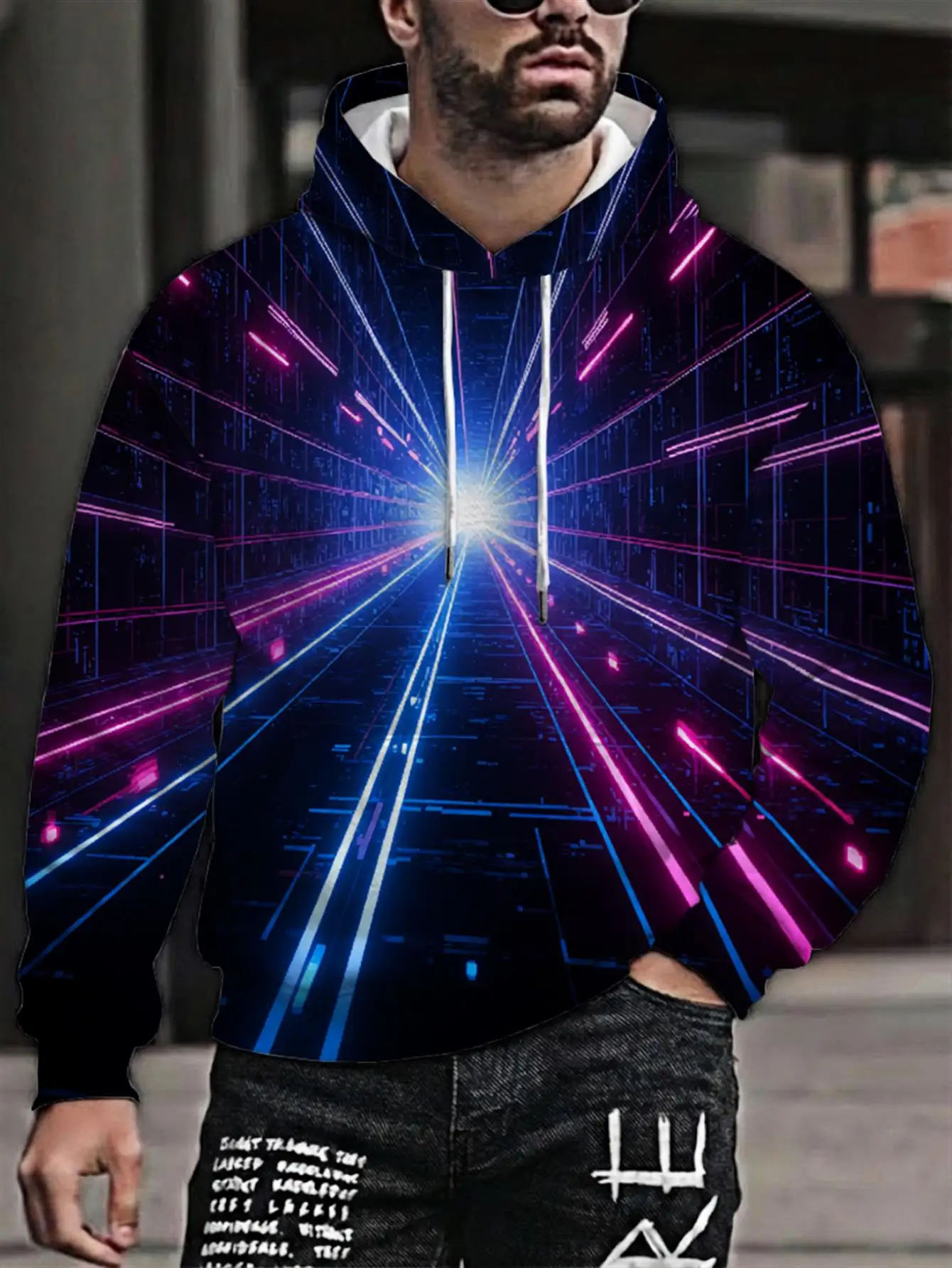 Men Neon Cyberpunk Tunnel Light Speed Track Print Hoodie Drawstring Pocket Long Sleeve Casual Pullover Sweatshirt