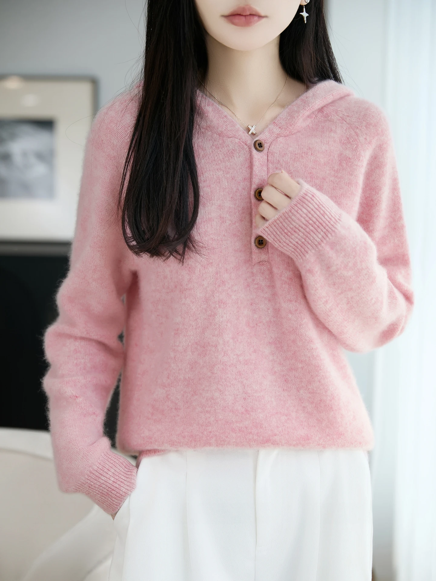 100% Merino Wool Women's Hoodie Long Sleeve Pullover Autumn Winter Versatile Knitted Sweater Warm Fashionable Women's Top