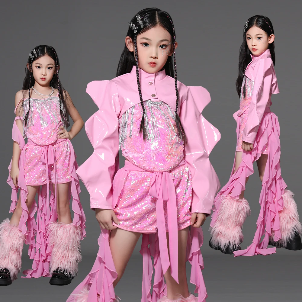 جديد الفتيات أداء K-pop وتتسابق الوردي الترتر أعلى السراويل الجاز أزياء رقص المرحلة الهذيان الدعاوى الاطفال الشارع ارتداء XS10493