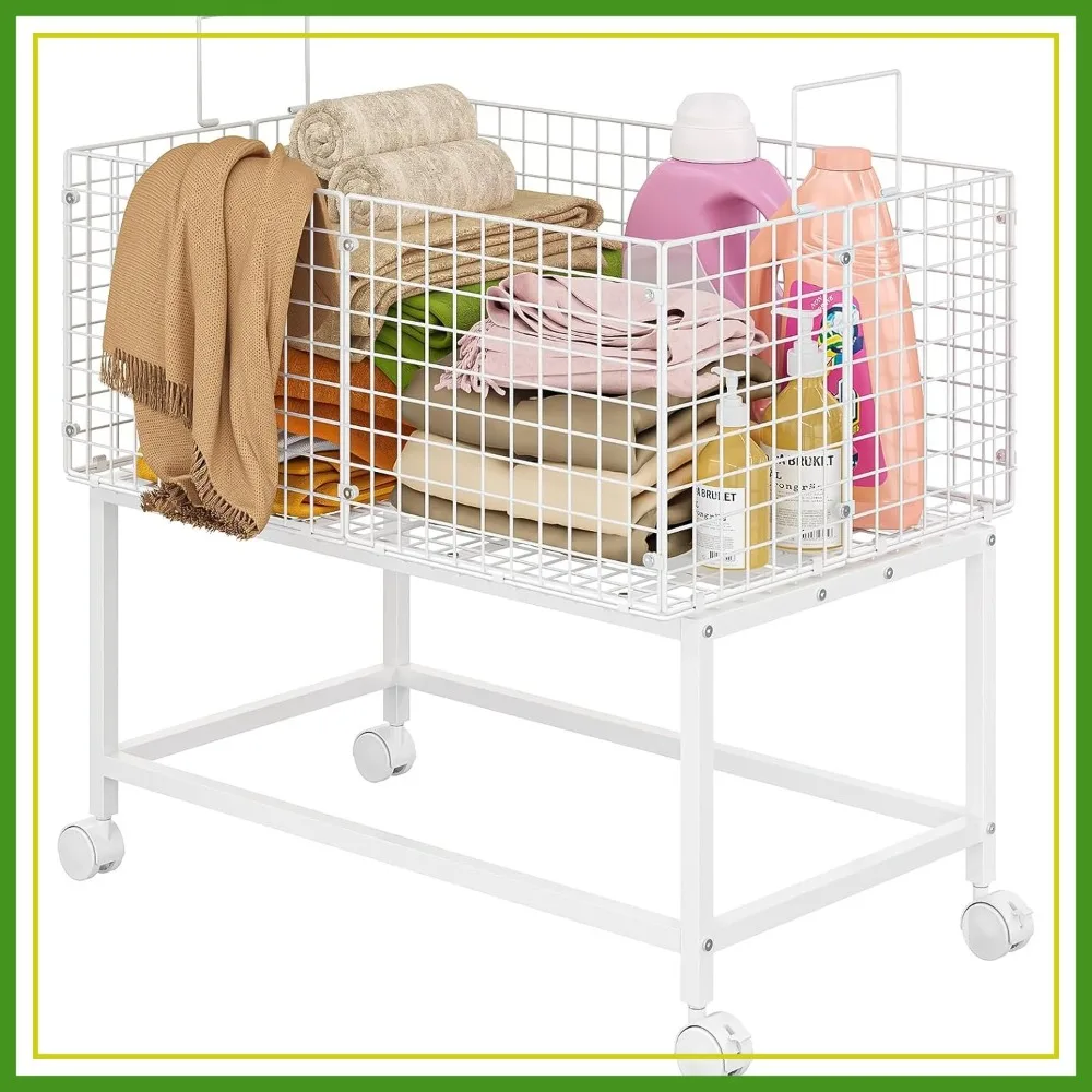 

120L Large Rolling Laundry Basket Cart with Handle and Wheels, White Wire Hamper for Laundry Room, Bedroom, Bathroom