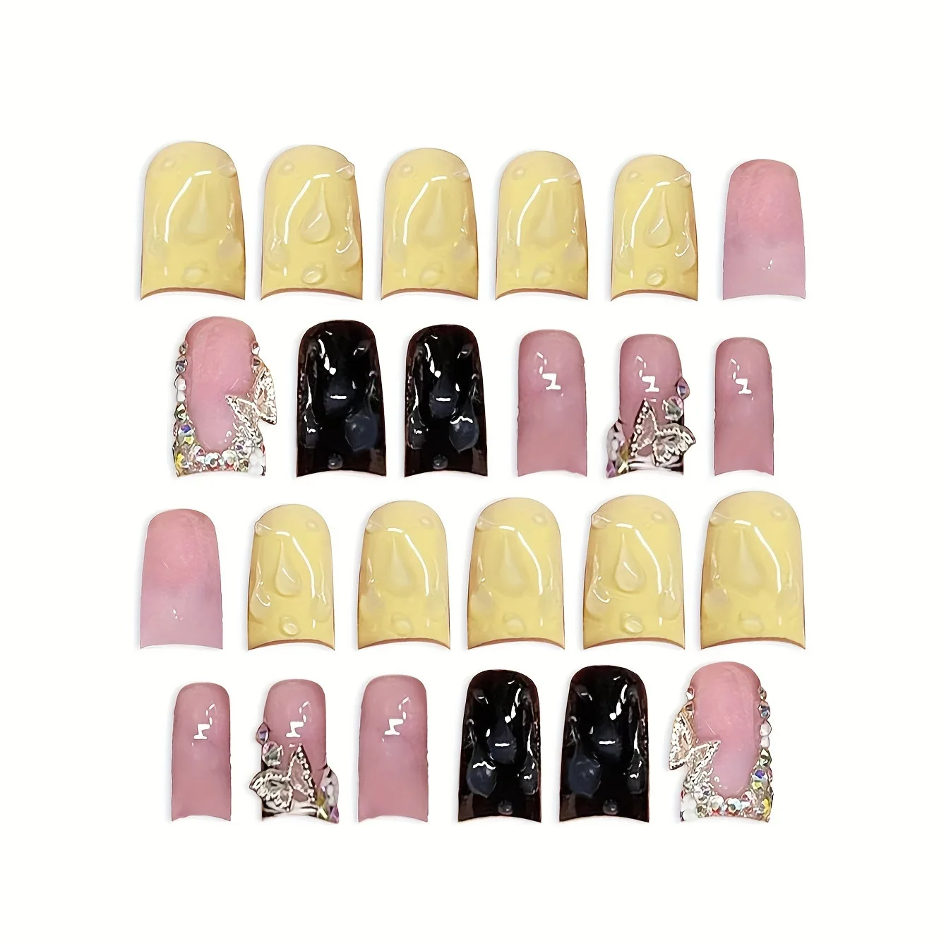 24 Uds. De uñas postizas de pico de pato amarillo y negro, uñas postizas de estilo francés con raya de cebra dulce y fresca con diamante Flash Y2k Star Press On Nails