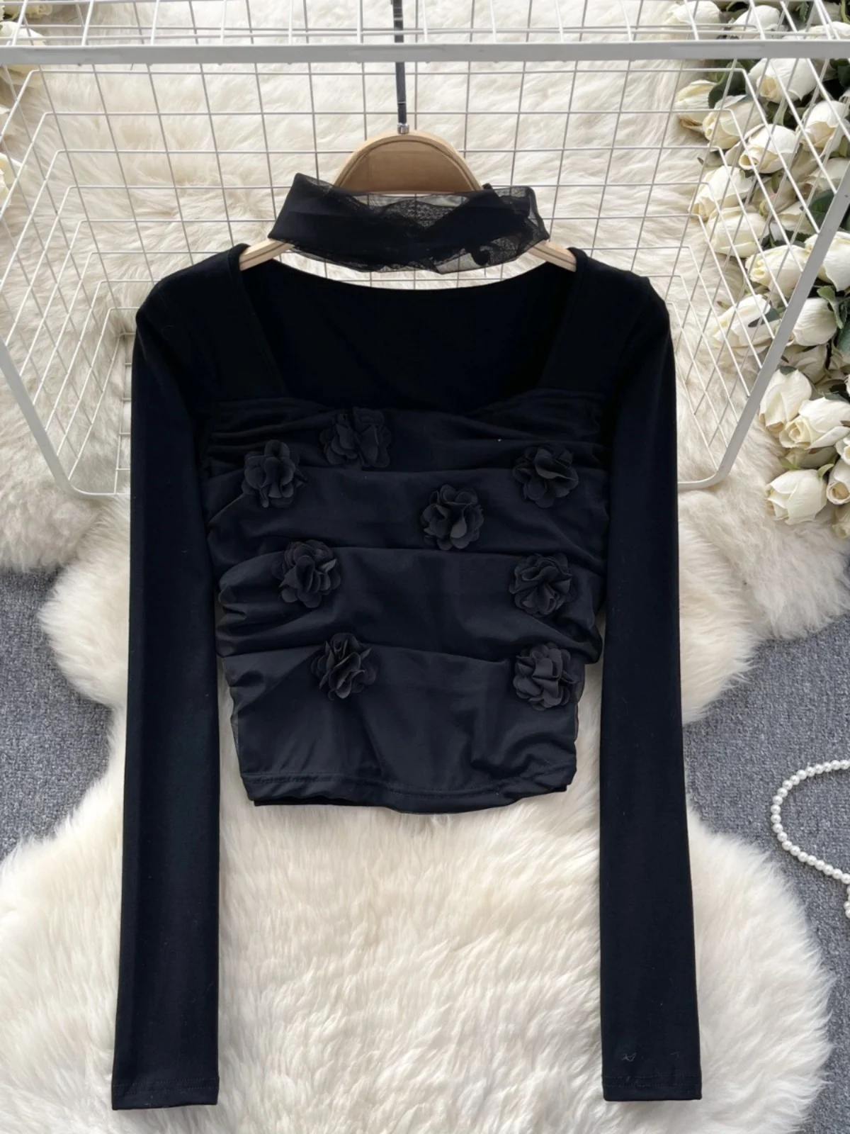 

Slim Fit Long Sve Base irt Женский дизайн Sense 3D Flower ort Sle Base irt Корейский Sle Commute Spring 2024 Trend