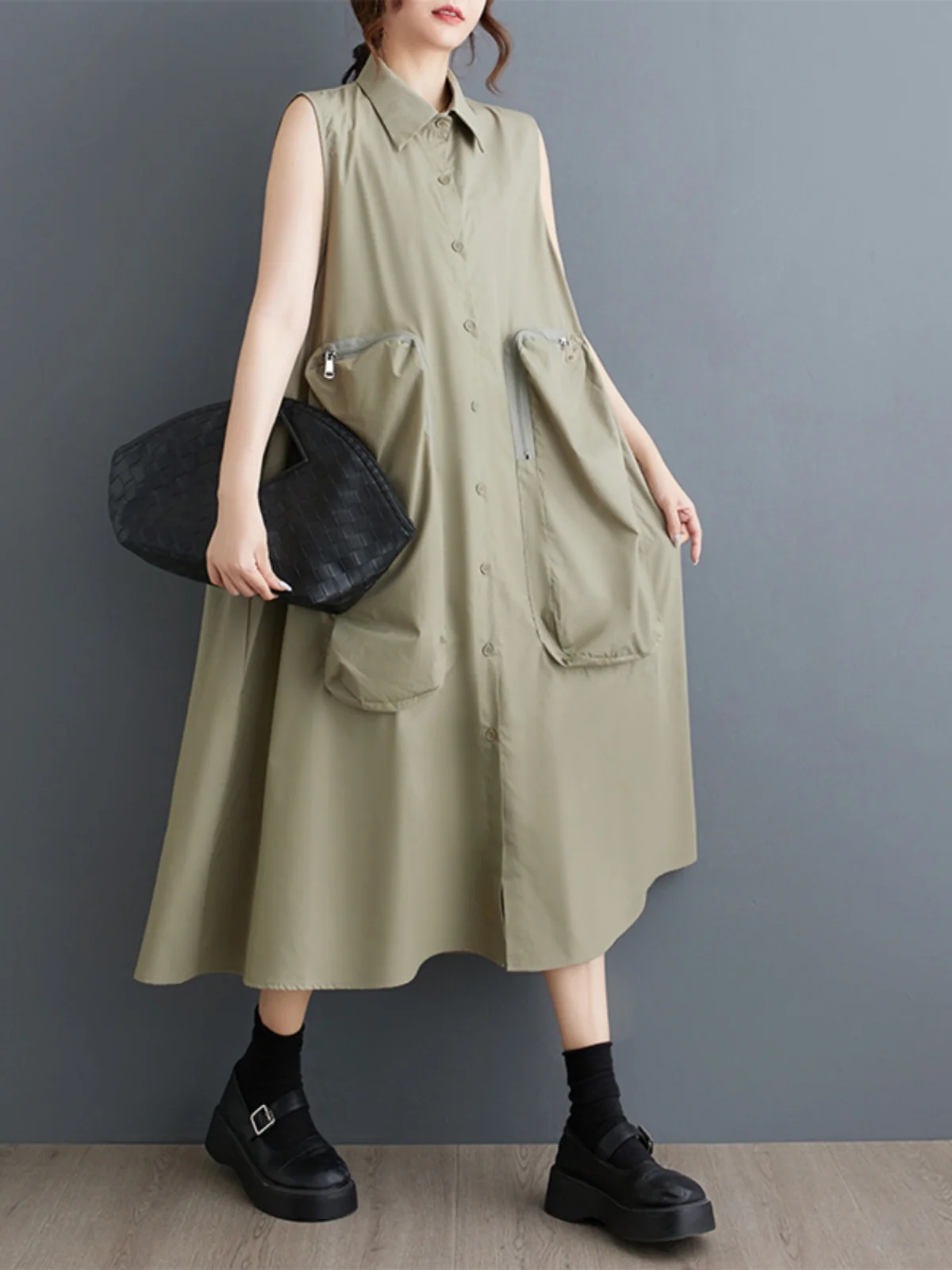 

SuperAen 2024 Summer Niche Design Casual Zipper Pocket Vest Dress Loose Fashion Sleeveless Dress