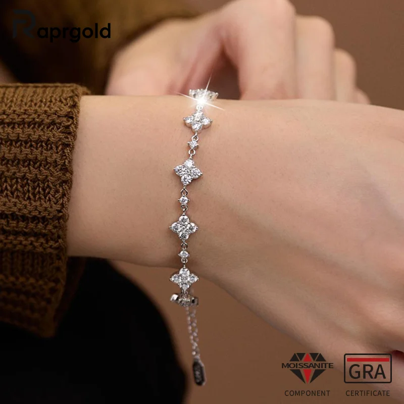

RAPRGOLD GRA Certified Moissanite Four Leaf Clover Bracelets for Women 925 Sterling Silver Bracelets Chain Wedding Jewelry Gifts