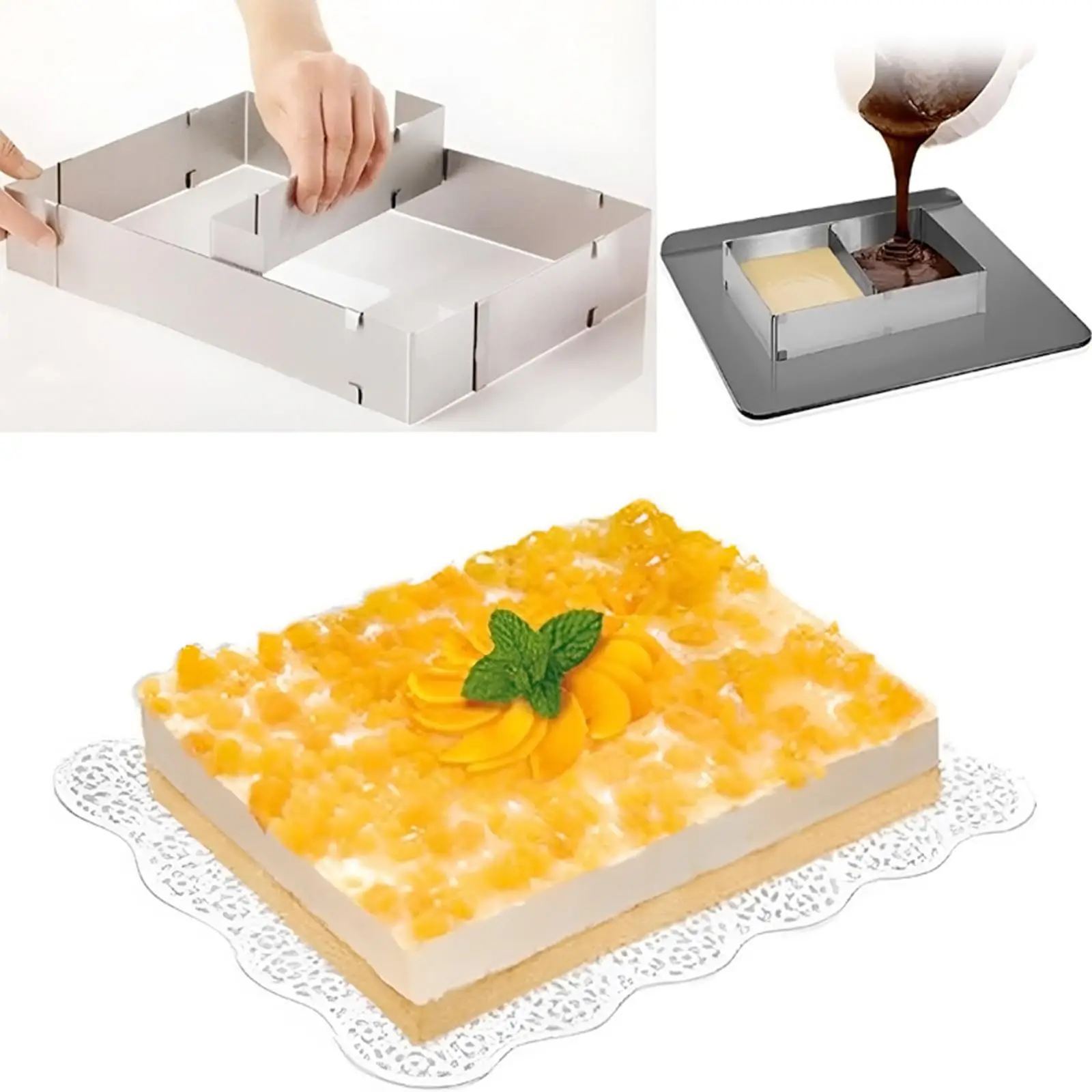 Adjustable Rectangular Cake Frame, Stainless Steel Expandable Mousse Cake Ring, Retractable Baking Mold with Removable Dividers
