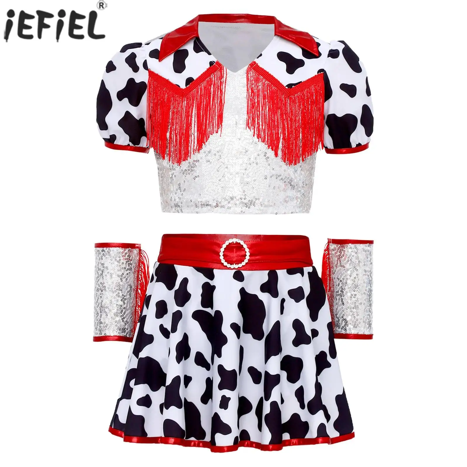 Girls Western Cowgirl Costume Shiny Sequins Cow Print Fringed Crop Top with Culottes Cuffs Halloween Carnival Party Dance Outfit