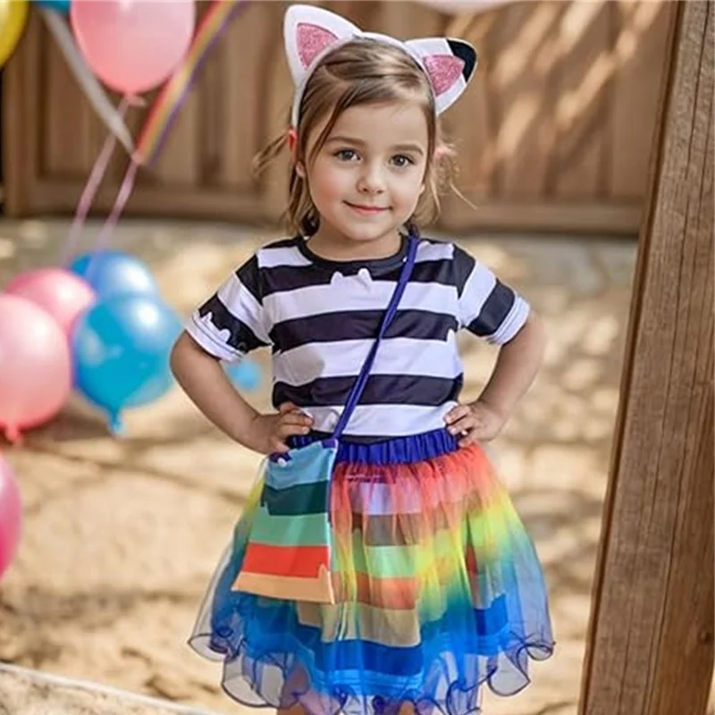 Summer Cartoon Cat Costume For Girls Striped T-Shirt+Rainbow Tutu Skirts For Children Halloween Dress Up Birthday Party Outfits