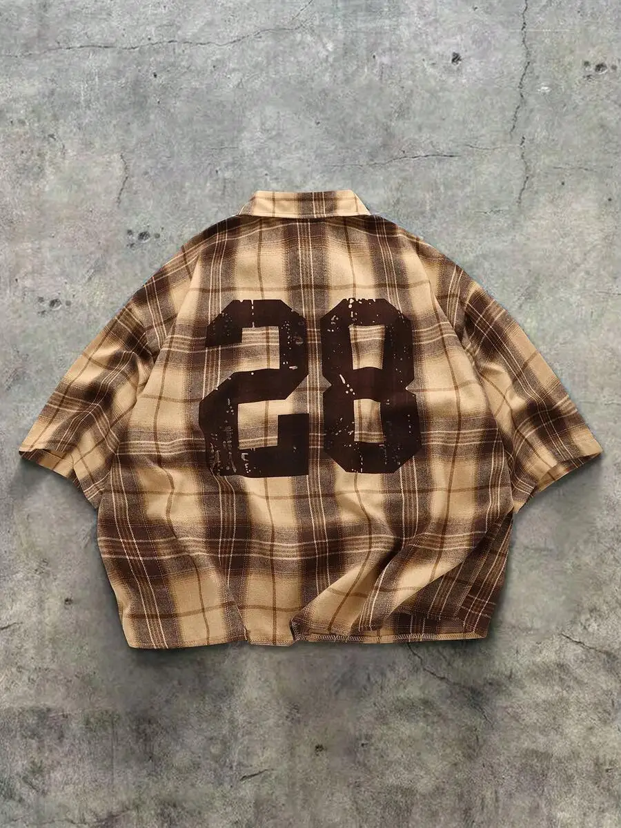 

Brown Plaid Short Sleeve Button Down Shirt Men Casual Retro Street Style Regular Fit Spring Summer