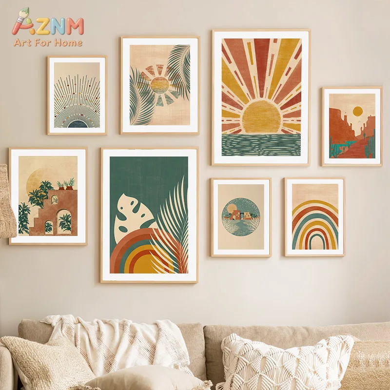 AZNM Mid Century Boho Canvas Wall Art Print, Abstract Sun Rainbow Palm Leaf Desert Cactus Terracotta Neutral Living Room Decor P