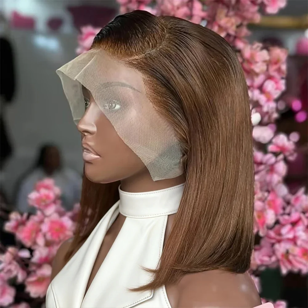 

14-дюймовый прямой парик-каре шоколадно-коричневого цвета, 13x4, с кружевной передней частью, естественная линия роста волос, короткий парик из 100% натуральных человеческих волос, предварительно выщипанный