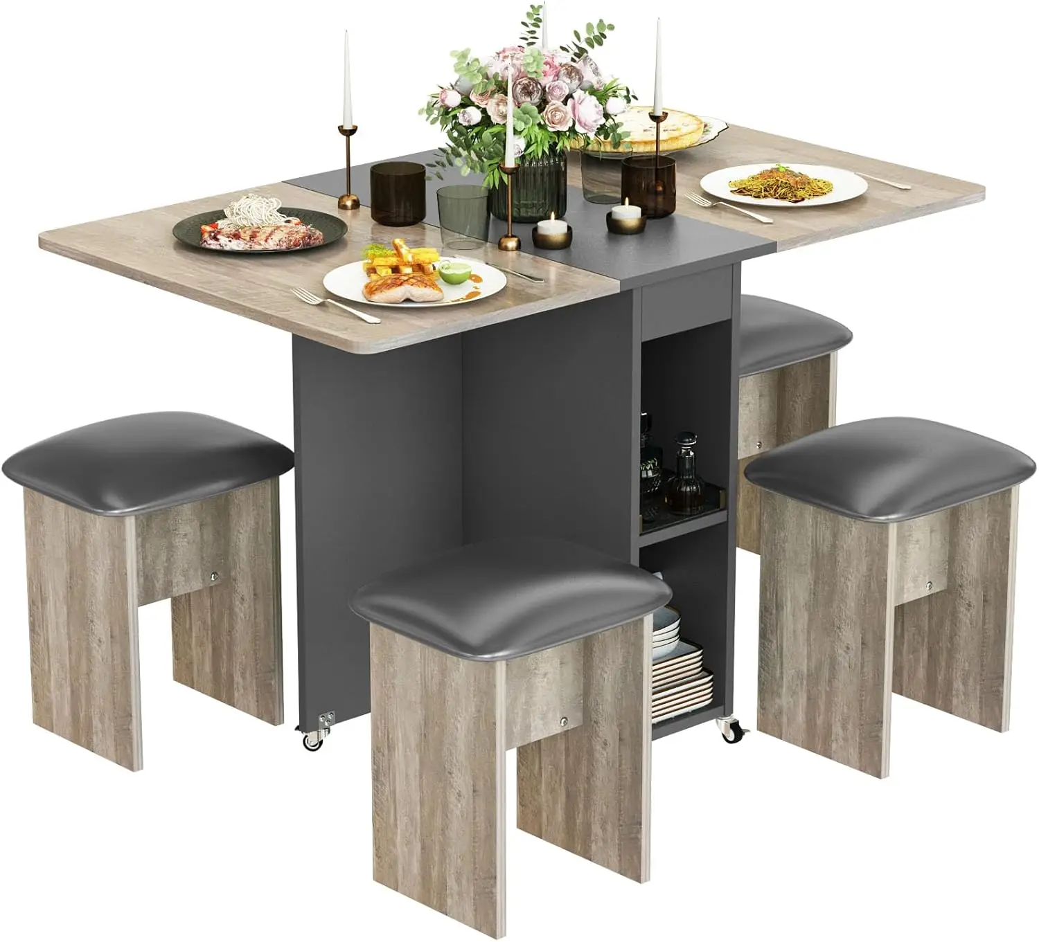 Folding Dining Table Set for 4, Dinner Table with 4 Leather Chairs and Shelves, Space Saving Foldable Dining Table with 6 Wheels