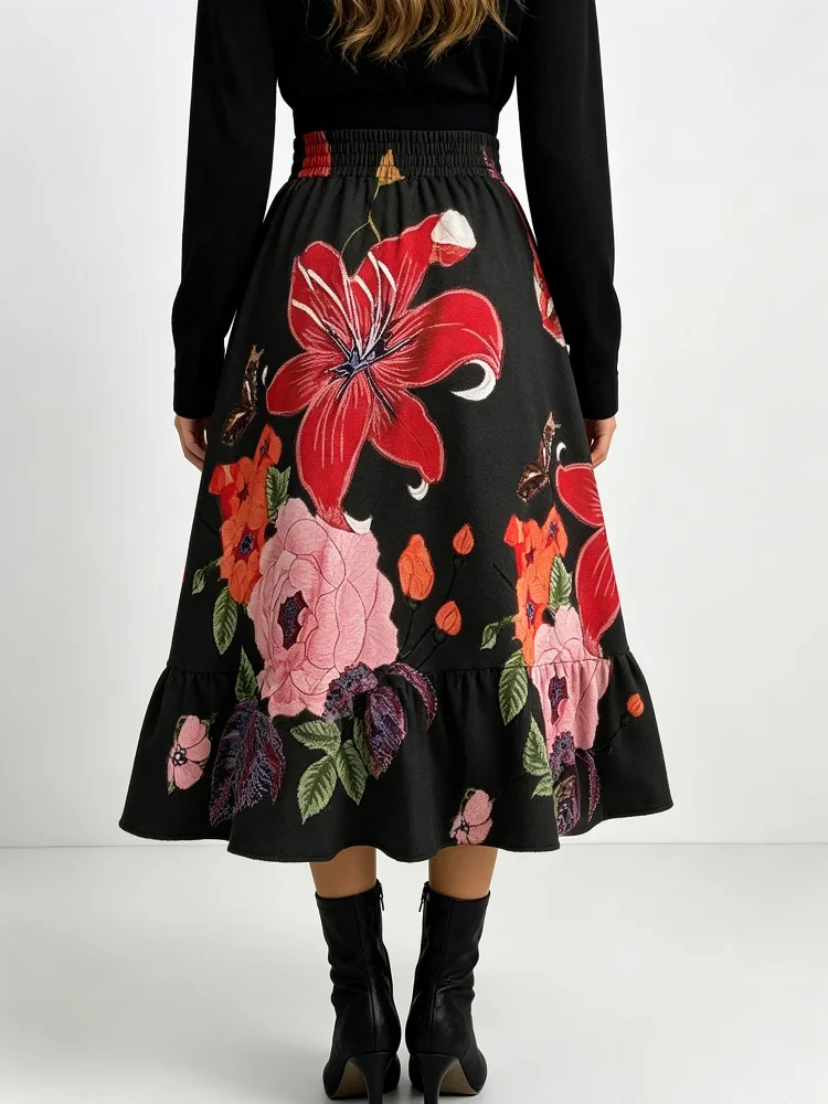 2026 New Women's Mid-Length Dress – High Elastic Waist, Loose Drape, Lightweight and Wrinkle-Resistant, Black Base with Pink-Red Large Floral Butterfly Print, Asymmetrical Ruffled Hem, Perfect for Daily Wear and Vacation Swing Dress