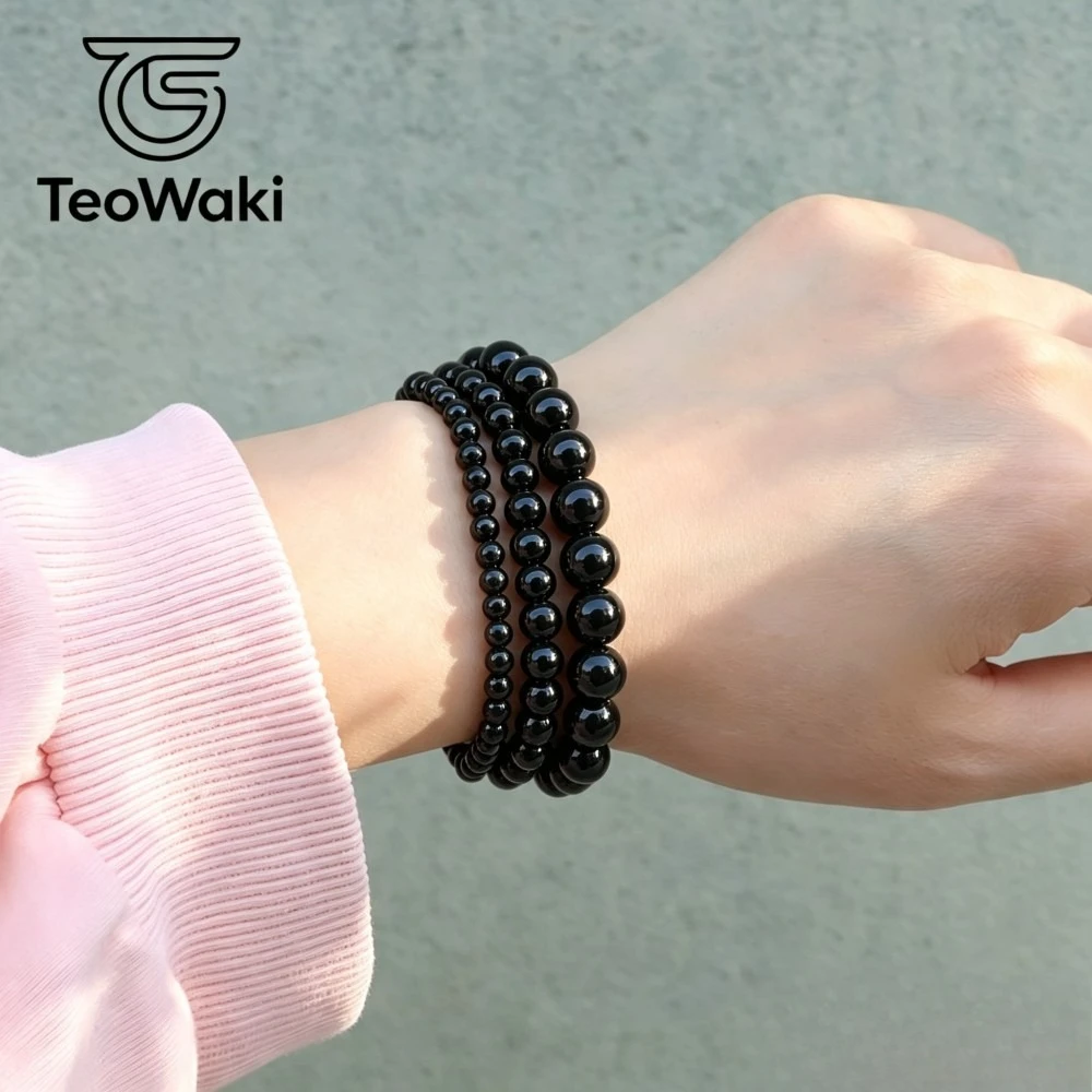 TeoWaki 3Piece Natural Black Stone Bracelet Reclaim Your Confidence Beaded Stretch Healing Bracelets Jewelry For Men 19cm