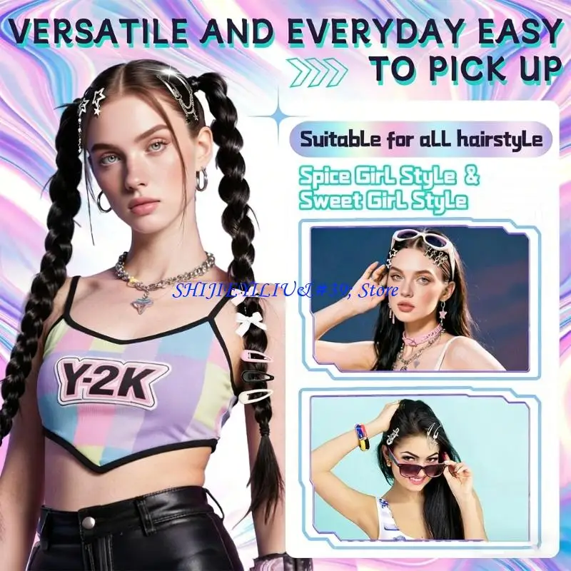 

E21F 42Pcs/set Unique Charm Tassels Chain Crucifix Star Hair Clip Fashionable Hair Ornaments For Teens And Adults